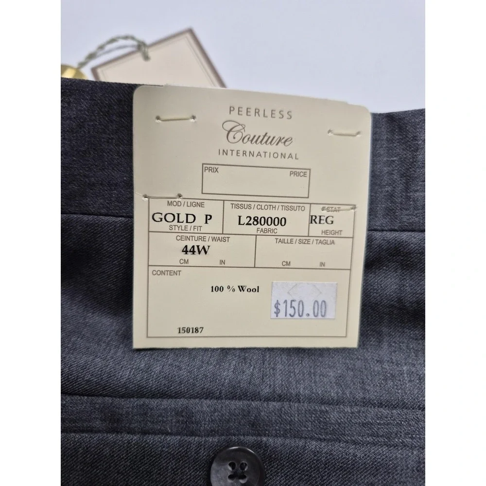 Peerless Couture International Suit Pants Men's 44x36 Gray Wool Dress Unhemmed